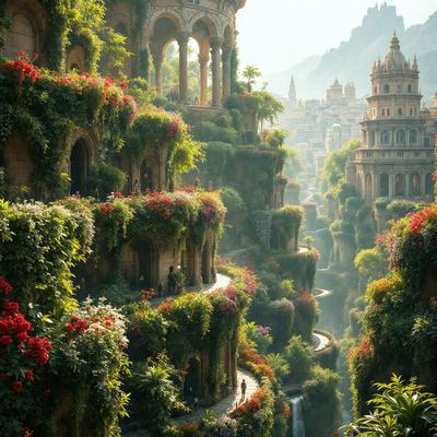 Primary subject: A beautiful, lush green hillside with a winding path and a waterfall.

Setting/background: The hillside is covered in greenery, including a variety of plants and flowers. The path is surrounded by a stunning landscape, including a waterfall and a castle in the distance.

Visual style: The image is a digital art piece, showcasing the artist's skill in creating a realistic and captivating scene.

Colors and mood: The image is predominantly green, with a few red flowers adding a pop of color. The overall atmosphere is serene and picturesque, inviting the viewer to explore the beautiful hillside.
